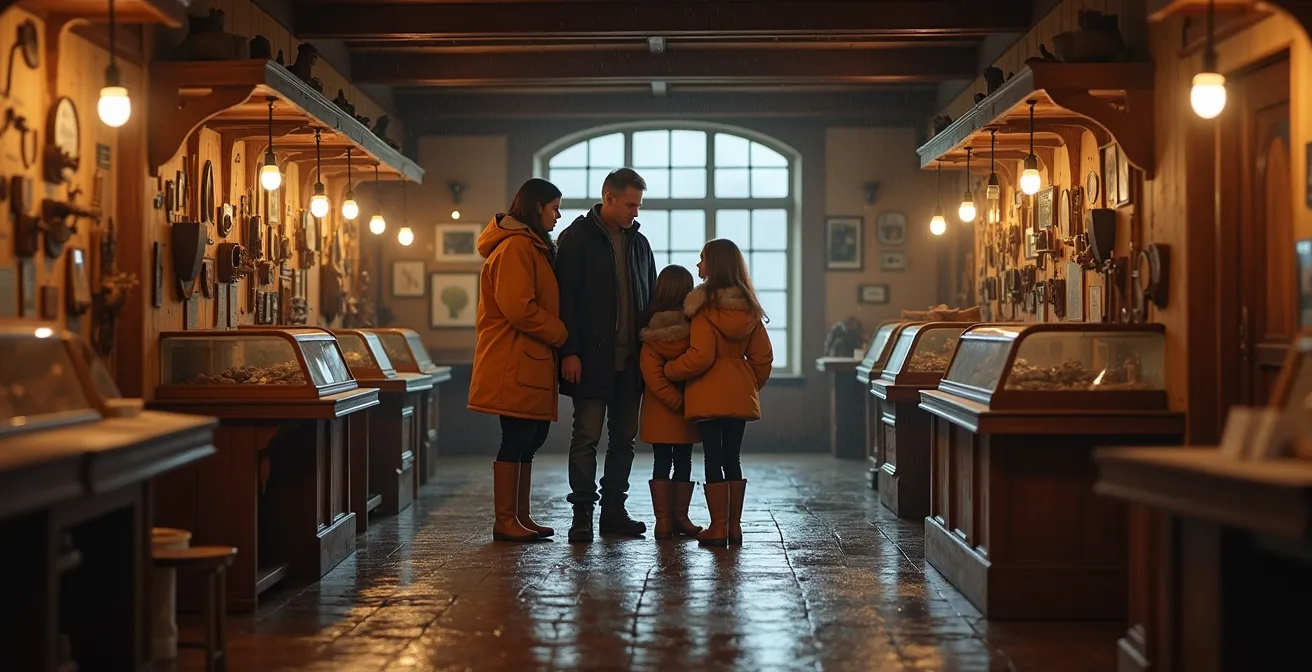 Famille équipée de vêtements de pluie visitant un musée vivant des vieux métiers dans une bâtisse bretonne traditionnelle à Crozon