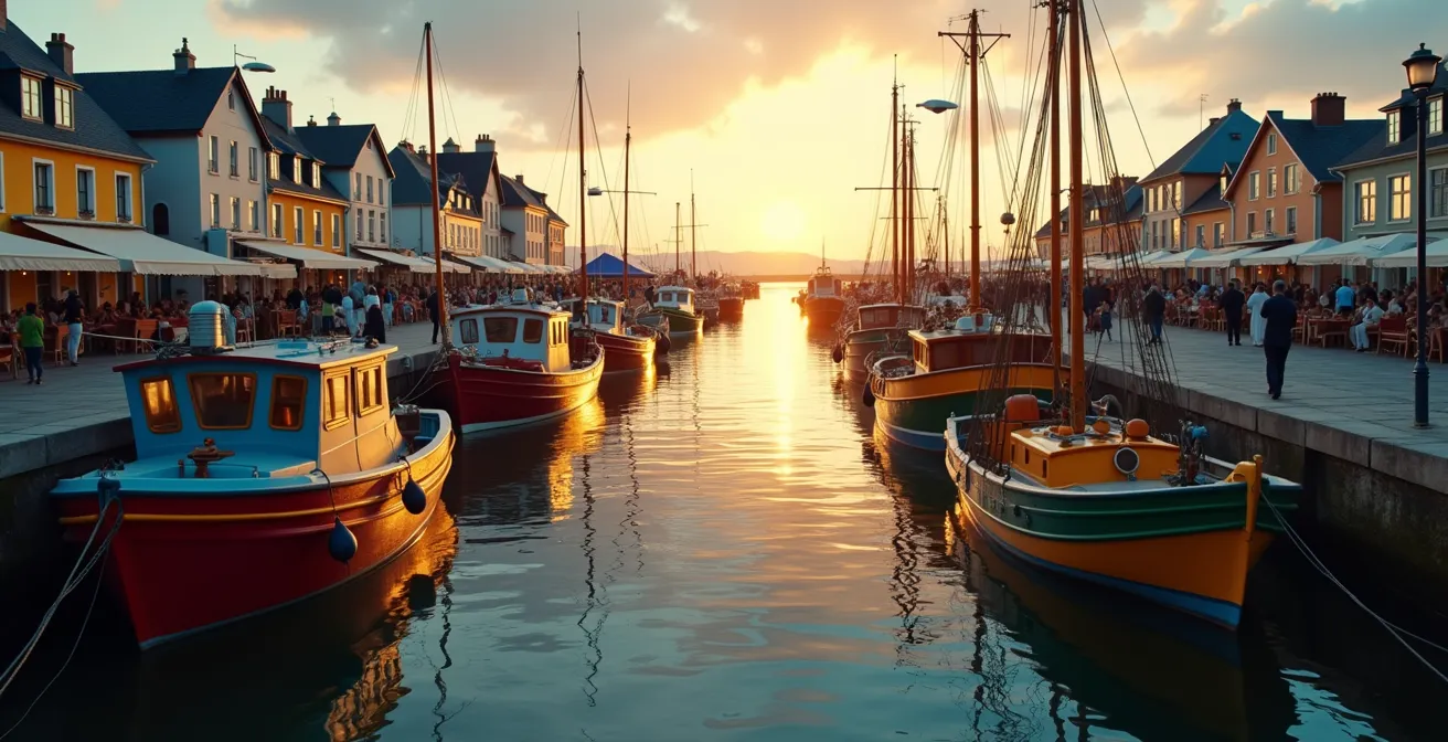 Vue panoramique d'un port de pêche animé à Crozon au crépuscule avec bateaux, quais et pêcheurs