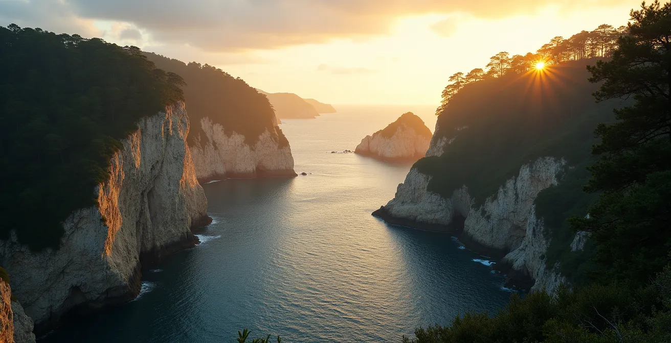 Paysage contrasté montrant les falaises océaniques de Crozon face aux crêtes boisées des monts d'Arrée