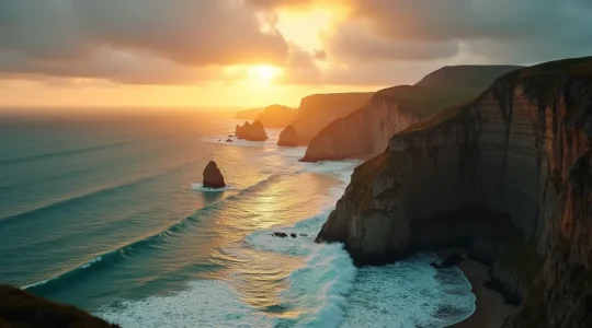 Paysage sauvage de la presqu'île de Crozon avec falaises, mer et lumière dorée au coucher du soleil
