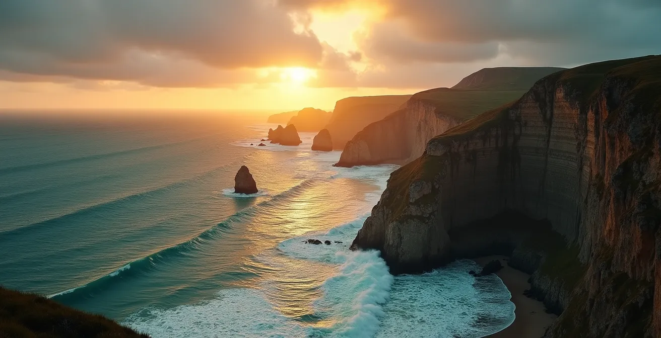 Paysage sauvage de la presqu'île de Crozon avec falaises, mer et lumière dorée au coucher du soleil