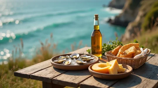Vue aérienne d'une table dressée sur une falaise de la presqu'île de Crozon avec des produits locaux bretons, face à l'océan Atlantique aux eaux turquoises