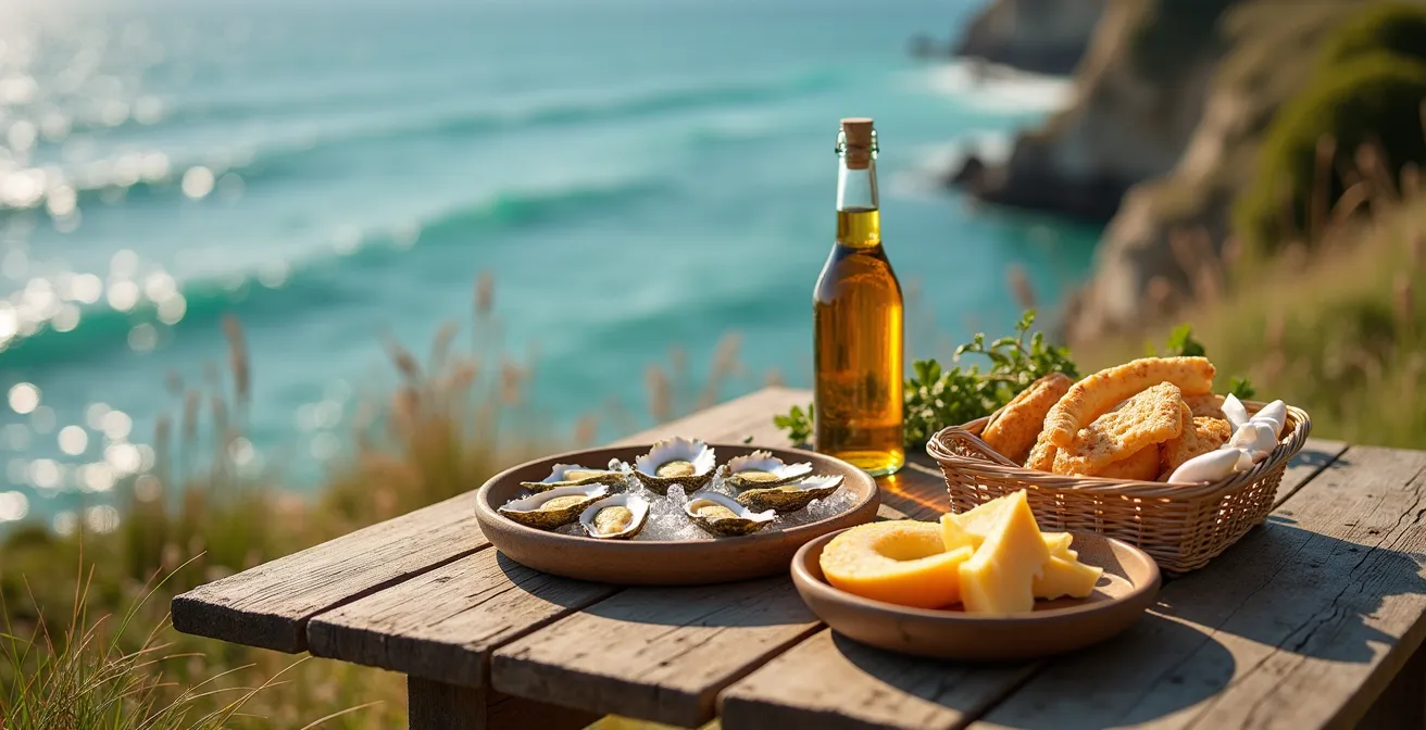 Vue aérienne d'une table dressée sur une falaise de la presqu'île de Crozon avec des produits locaux bretons, face à l'océan Atlantique aux eaux turquoises