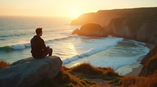 Vue panoramique de la presqu'île de Crozon avec l'océan, les falaises, et un personnage contemplant le paysage au lever du soleil