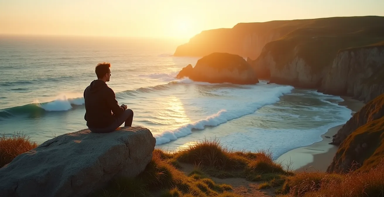 Vue panoramique de la presqu'île de Crozon avec l'océan, les falaises, et un personnage contemplant le paysage au lever du soleil
