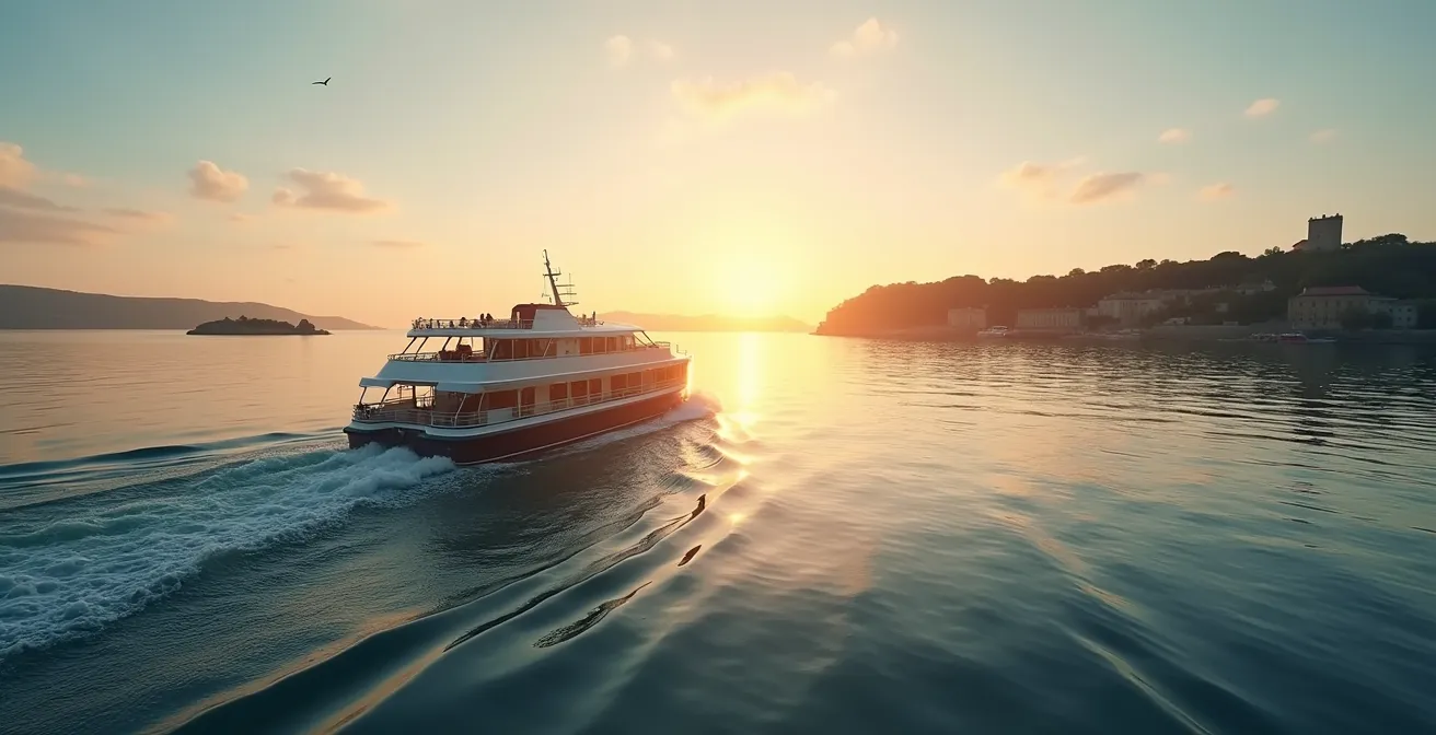 Bateau navette maritime traversant la rade de Brest avec vue sur la presqu'île de Crozon au lever du soleil