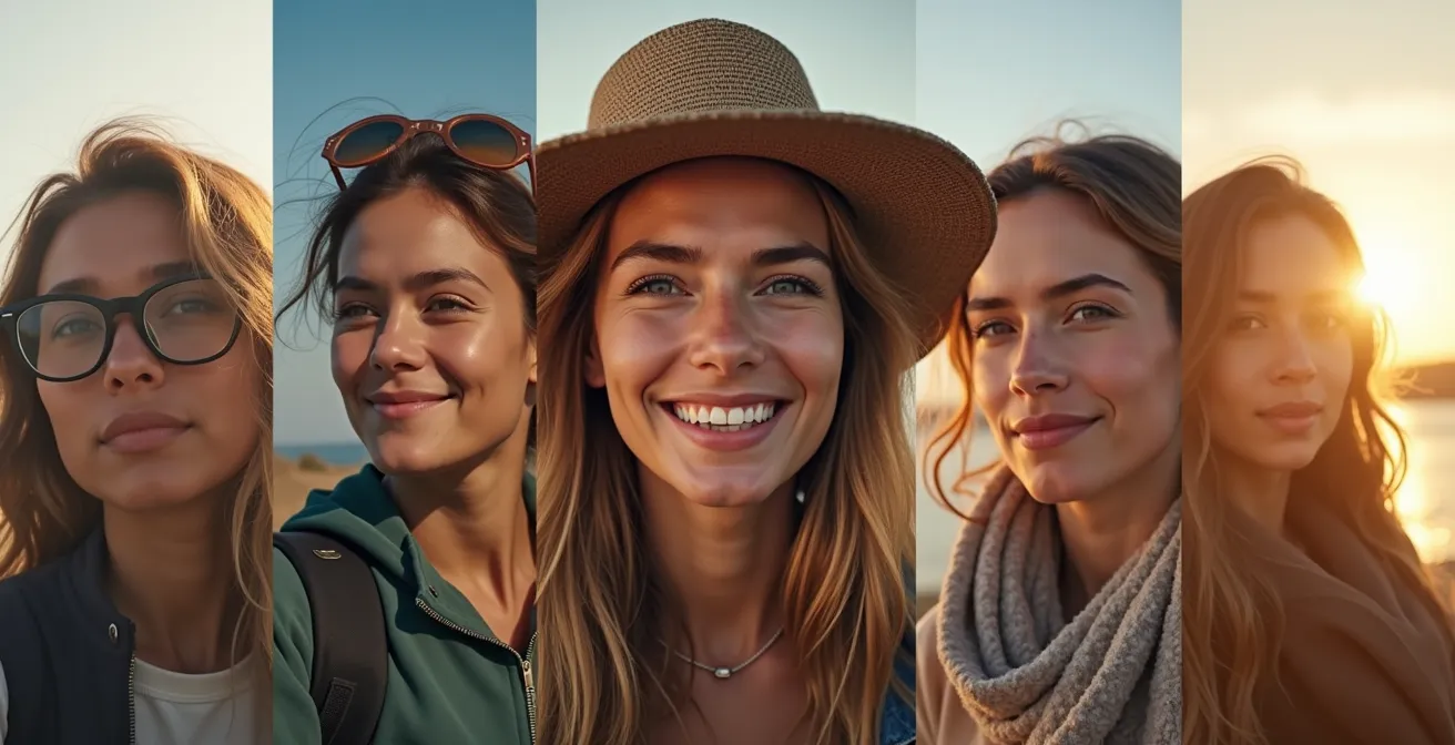 Portraits symboliques de différents profils voyageurs adaptés à Crozon, avec paysage de la presqu'île en arrière-plan