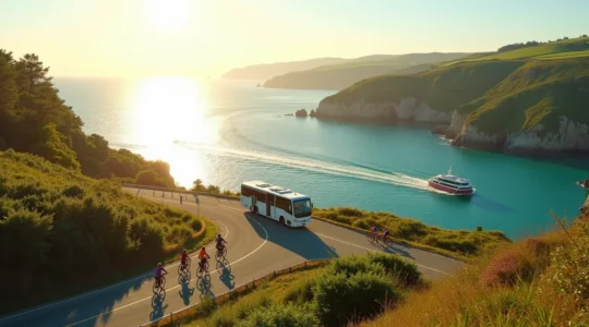 Vue panoramique de la presqu'île de Crozon avec un sentier longeant la côte sauvage, une navette maritime dans la rade, des cyclistes sur une voie verte et un bus local en circulation