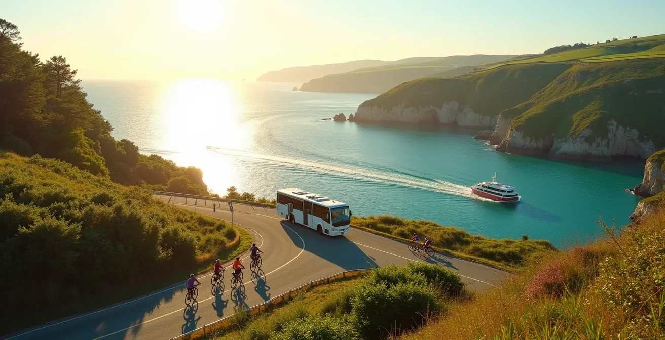 Vue panoramique de la presqu'île de Crozon avec un sentier longeant la côte sauvage, une navette maritime dans la rade, des cyclistes sur une voie verte et un bus local en circulation