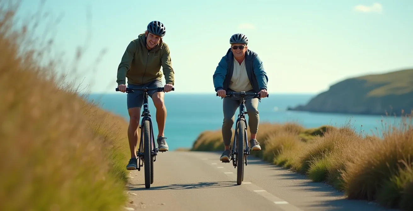 Deux cyclistes sur un chemin en bord de mer à Crozon, un avec vélo électrique et l'autre avec vélo classique, sous un ciel clair