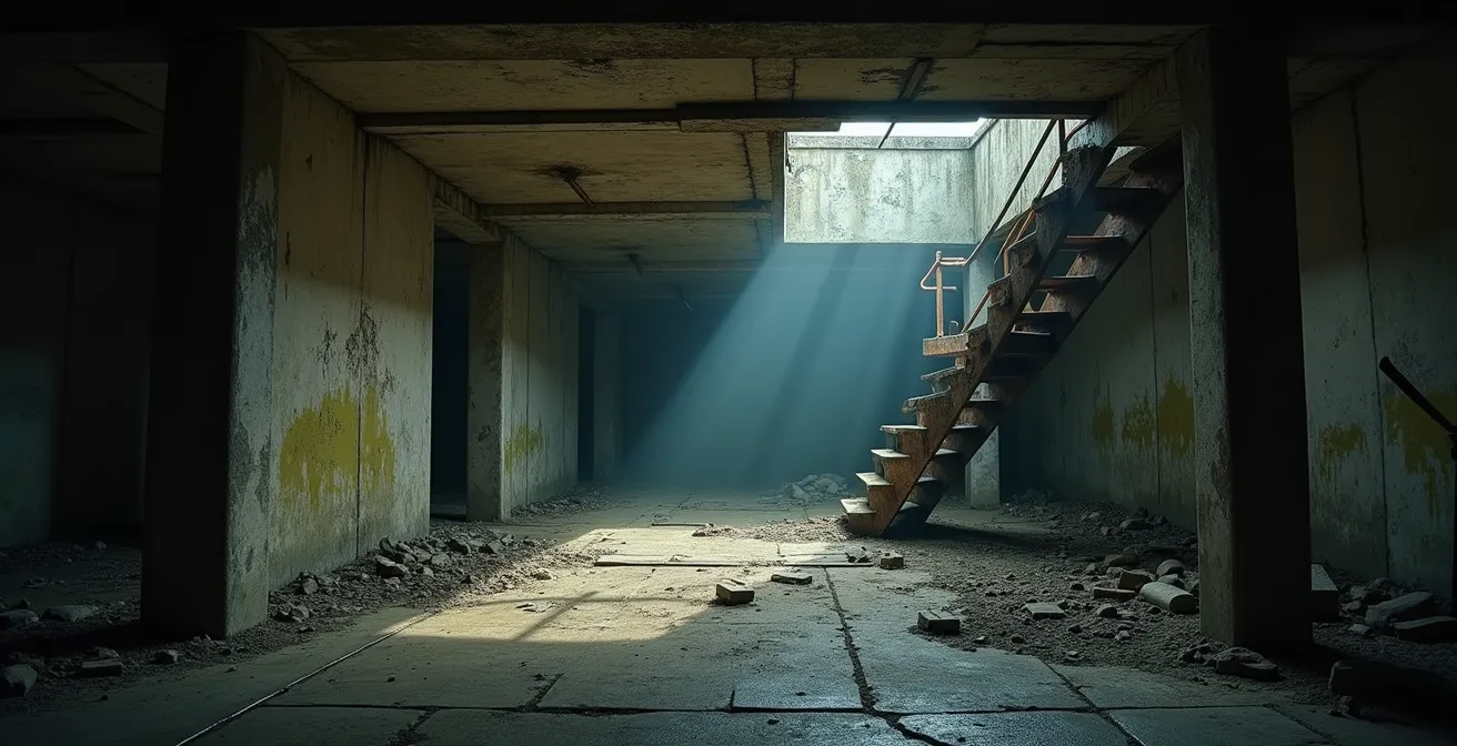 Intérieur sombre et délabré d’un bunker militaire breton montrant détails corrodés et ambiance menaçante
