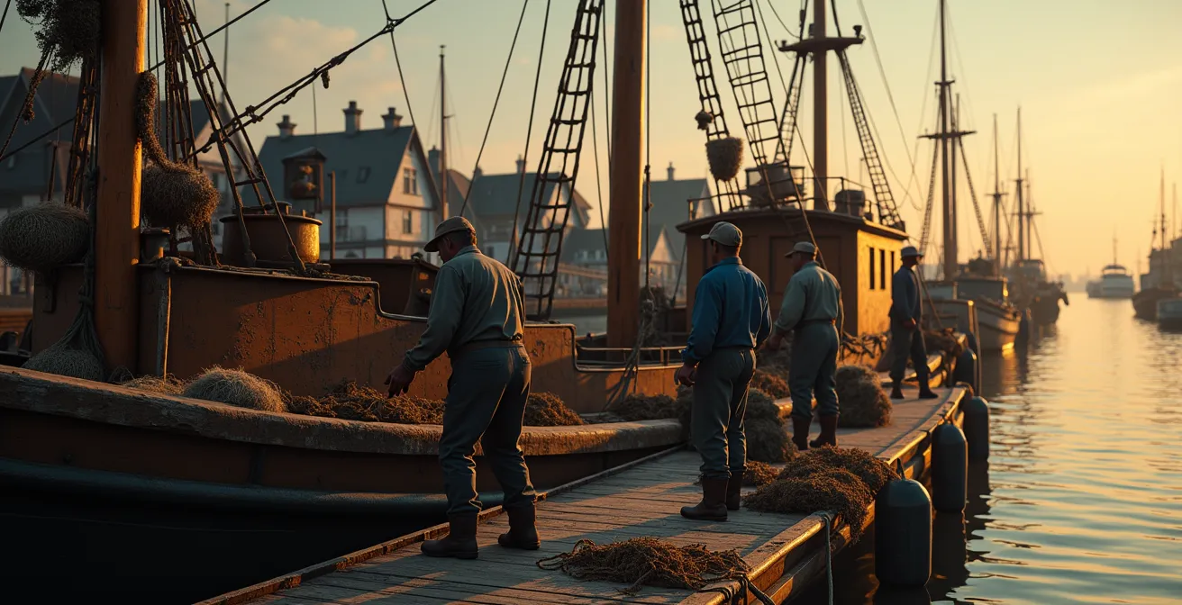 Illustration réaliste d'un vieux langoustier au port de Camaret avec pêcheurs au travail et casiers à langoustes