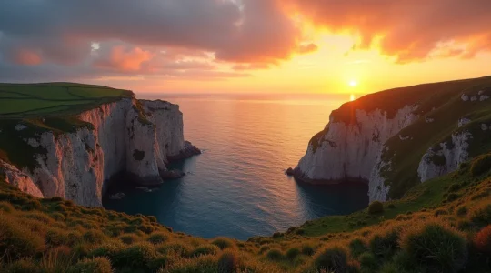 Vue panoramique de la presqu'île de Crozon mêlant côte rocheuse, végétation verte et mer agitée au coucher du soleil