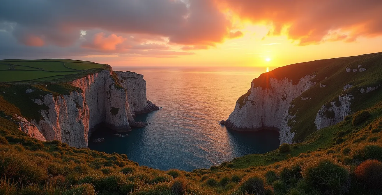 Vue panoramique de la presqu'île de Crozon mêlant côte rocheuse, végétation verte et mer agitée au coucher du soleil