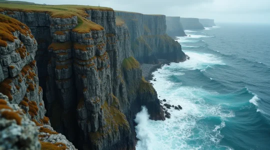 Une vue spectaculaire des falaises de Crozon face à la mer d'Iroise, mettant en valeur la roche dramatique et la mer déchaînée.