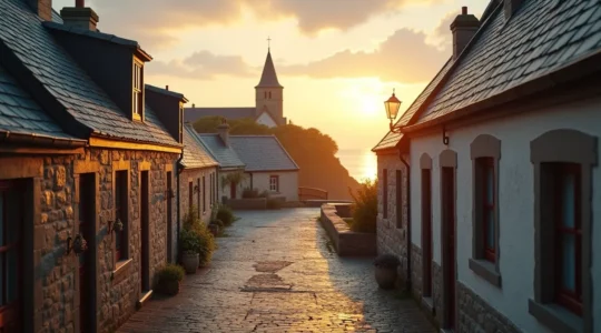 Photographie d'un village typique de Crozon, avec ses maisons en granit, le port en arrière-plan et la lumière dorée du soir.