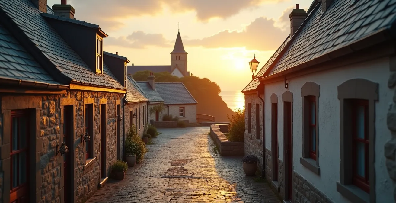 Photographie d'un village typique de Crozon, avec ses maisons en granit, le port en arrière-plan et la lumière dorée du soir.