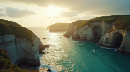 Vue panoramique des falaises rocheuses et de l'eau turquoise de l'Île Vierge avec une lumière douce au coucher du soleil