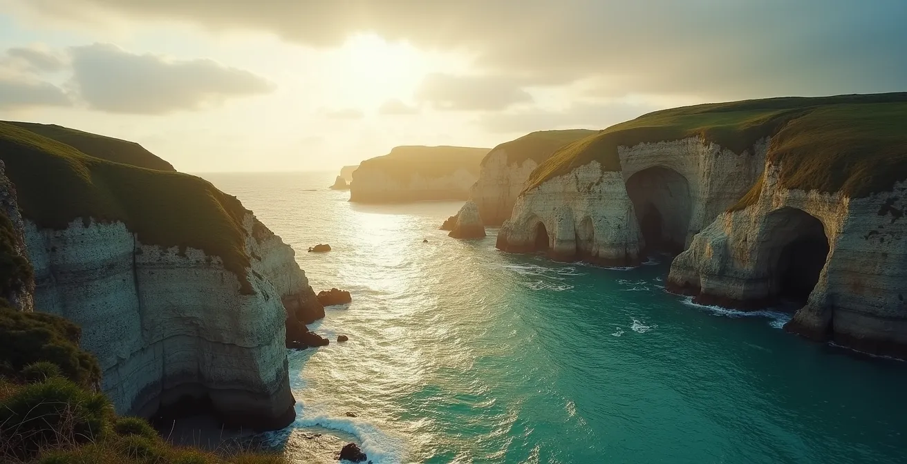 Vue panoramique des falaises rocheuses et de l'eau turquoise de l'Île Vierge avec une lumière douce au coucher du soleil