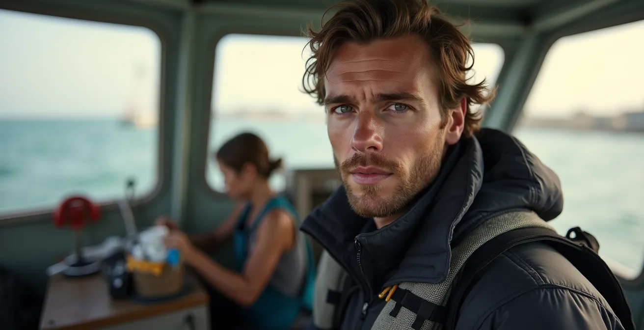 Portrait moderne d'un jeune marin pêcheur breton sur son bateau équipé de technologies modernes, avec vue sur l'horizon marin