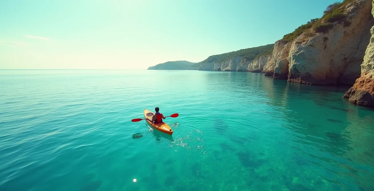 Photographie d'un kayakiste pagayant sur une mer calme turquoise près des côtes rocheuses de Crozon avec l'Île Vierge en arrière-plan