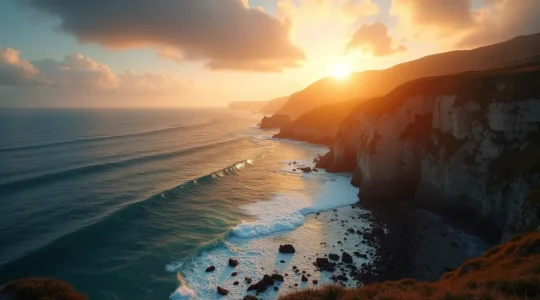 Vue panoramique spectaculaire sur les falaises de la presqu'île de Crozon au coucher du soleil