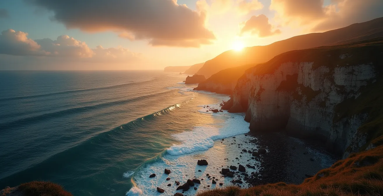 Vue panoramique spectaculaire sur les falaises de la presqu'île de Crozon au coucher du soleil