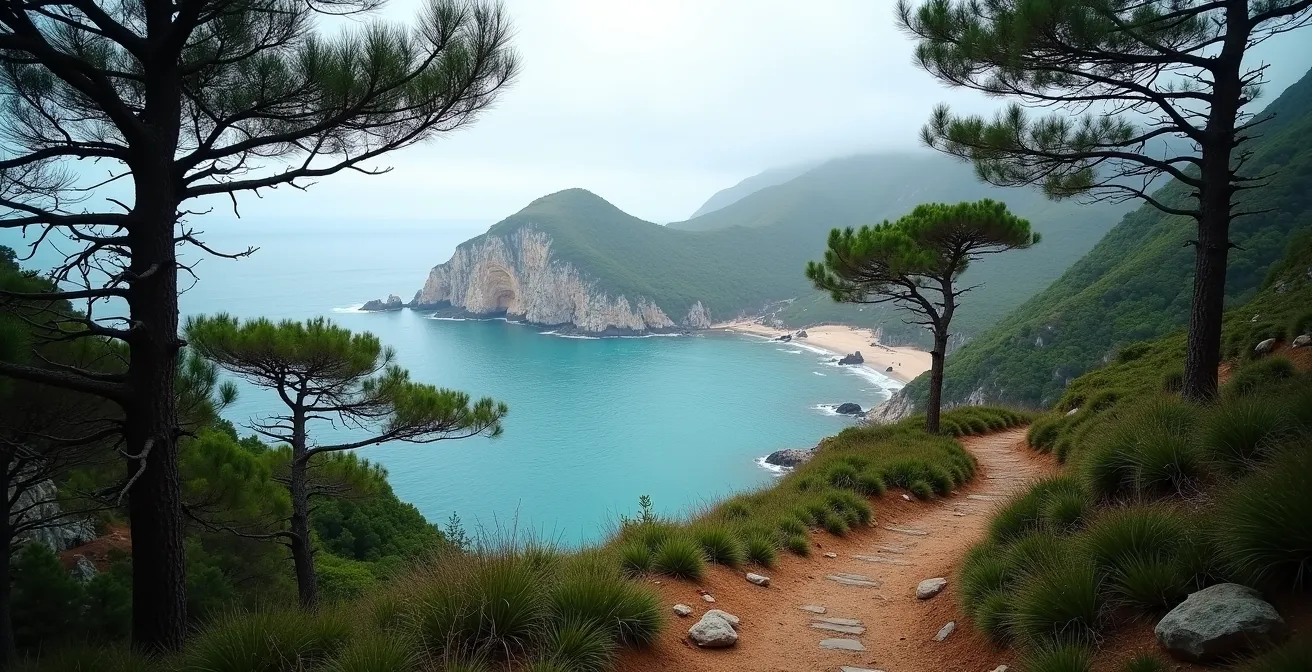 Photographie panoramique depuis le sentier GR34 montrant la vue sur l'Île Vierge avec des pins en premier plan et la mer turquoise