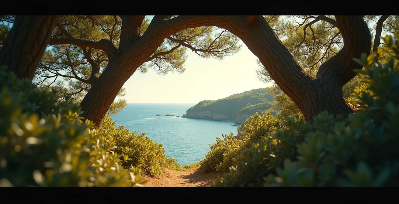 Panorama rare à Crozon vu d’un angle dissimulé entre la végétation sur un sentier secondaire