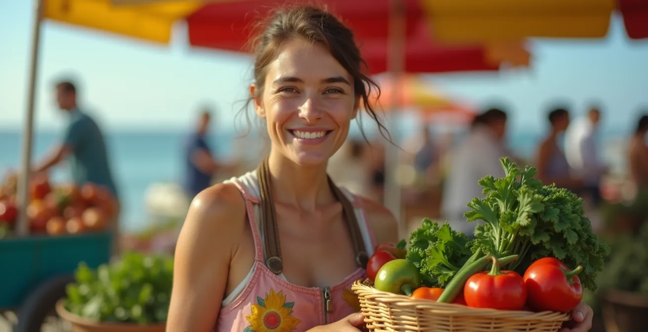 Portrait d'une productrice locale tenant un panier de légumes frais sur son marché hebdomadaire à Crozon