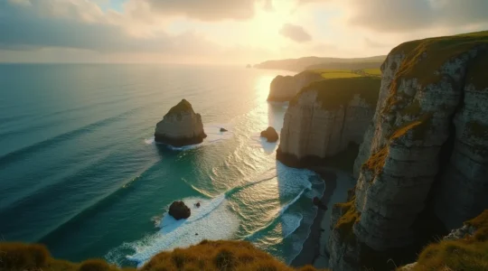Vue panoramique de la presqu'île de Crozon avec falaises escarpées, océan Atlantique et paysages naturels bretons sauvages