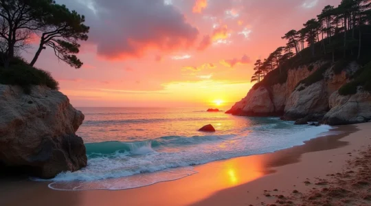 Vue panoramique d'une plage sauvage de la presqu'île de Crozon avec un coucher de soleil vibrant en arrière-plan