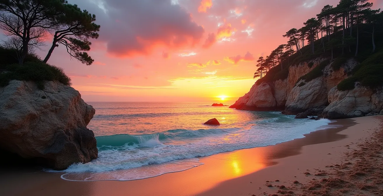 Vue panoramique d'une plage sauvage de la presqu'île de Crozon avec un coucher de soleil vibrant en arrière-plan
