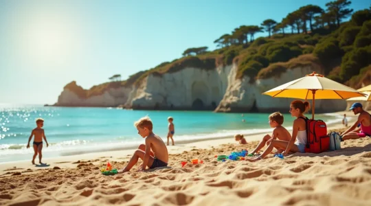 Famille profitant d'une plage de sable fin à Morgat avec vue sur la mer turquoise et falaises bretonnes en arrière-plan