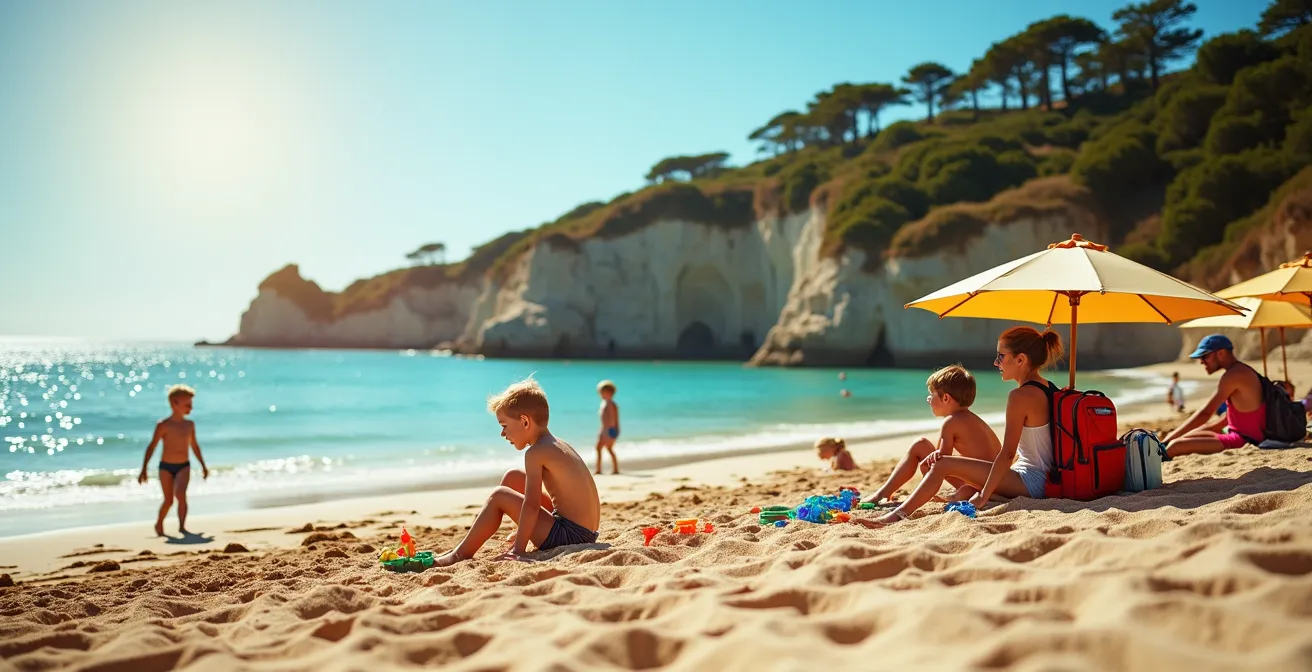 Famille profitant d'une plage de sable fin à Morgat avec vue sur la mer turquoise et falaises bretonnes en arrière-plan