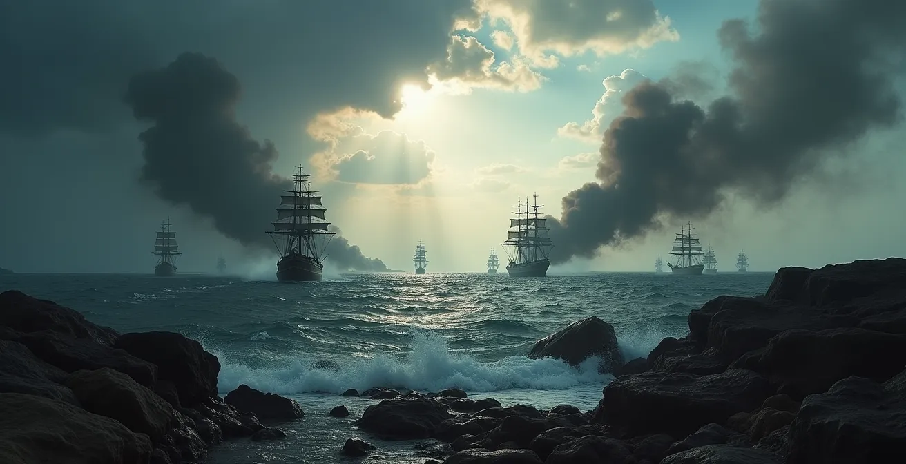 Reconstitution de la bataille navale de 1694 avec fumée de canons et navires en flammes au large de Camaret