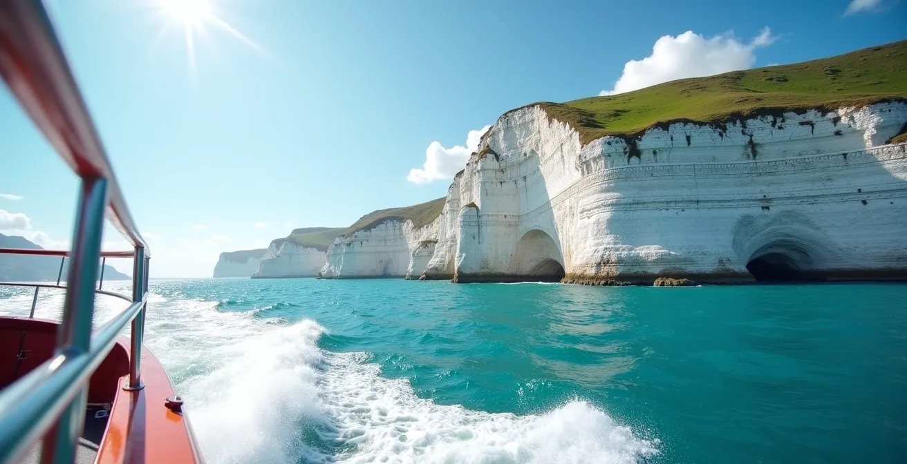 Vue depuis un bateau en traversée de la baie montrant les falaises de Crozon