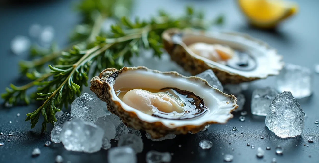 Vue macro détaillée d'huîtres fraîches de la Rade de Brest avec cristaux de sel de mer et algues