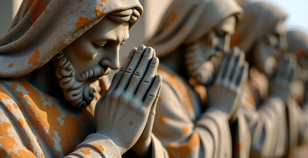 Détail macro des sculptures du calvaire d'Argol montrant les personnages bibliques en granit