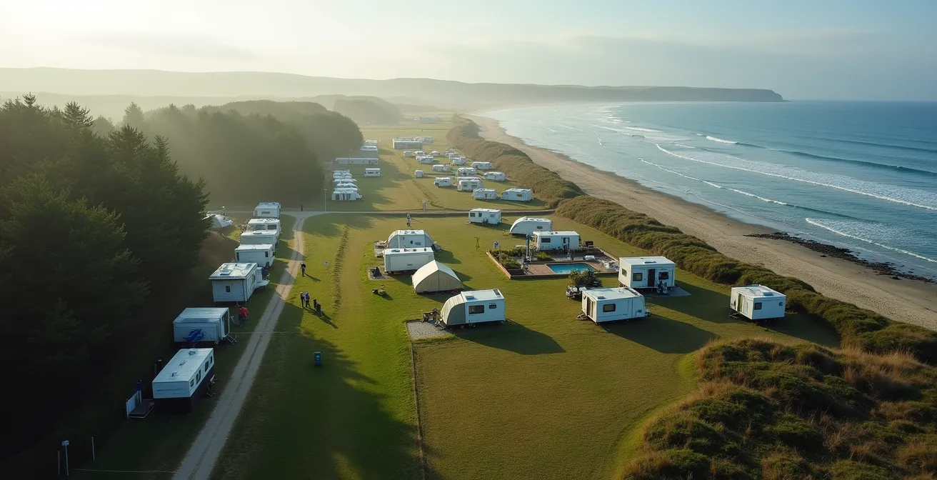 Vue aérienne montrant différents types de campings sur la presqu'île de Crozon