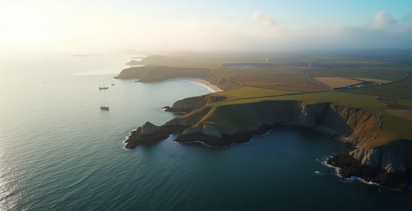 Vue aérienne de la presqu'île de Crozon montrant l'emplacement stratégique des fortifications