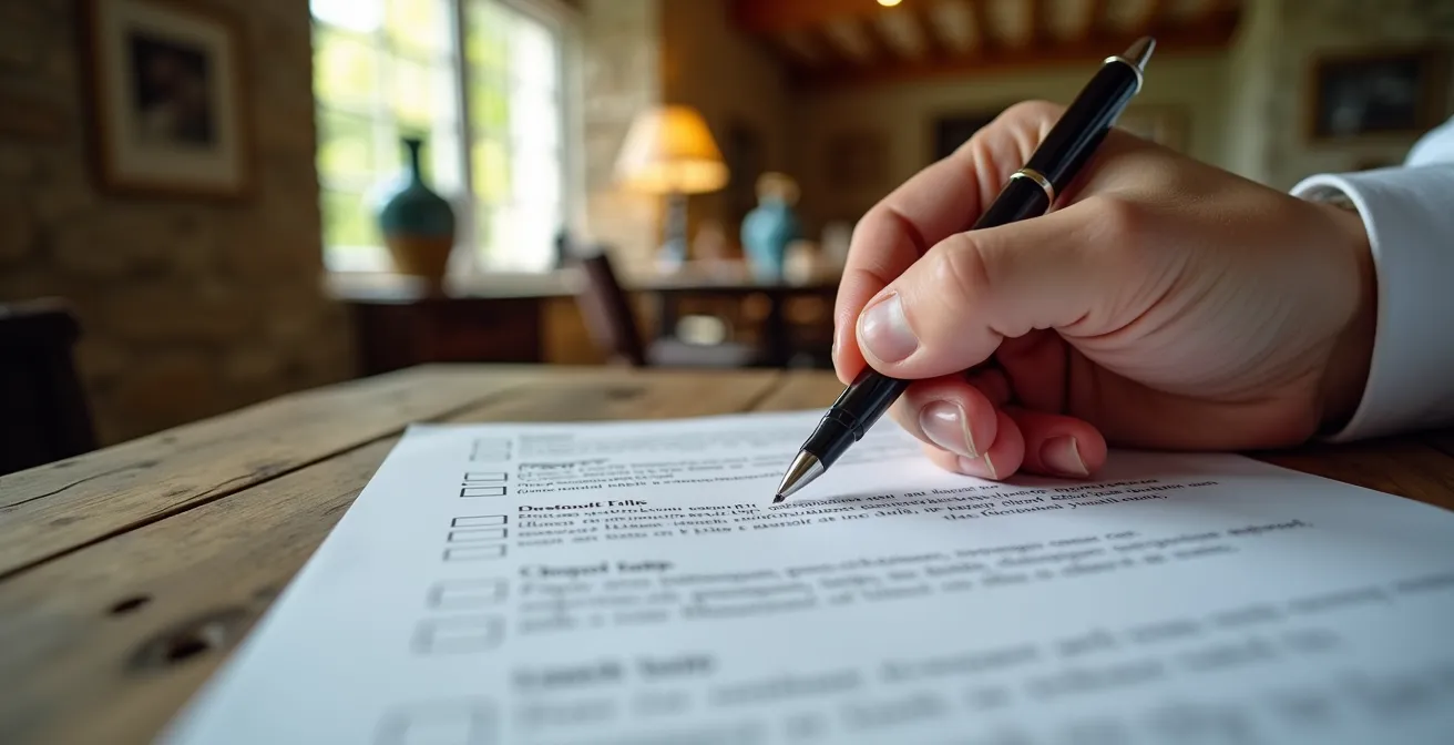 Main tenant un stylo au-dessus d'une check-list d'état des lieux avec cases à cocher, dans un intérieur de maison bretonne typique