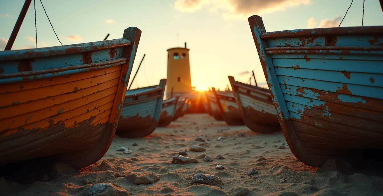 Épaves de langoustiers échoués sur le Sillon de Camaret, coques rouillées au coucher du soleil