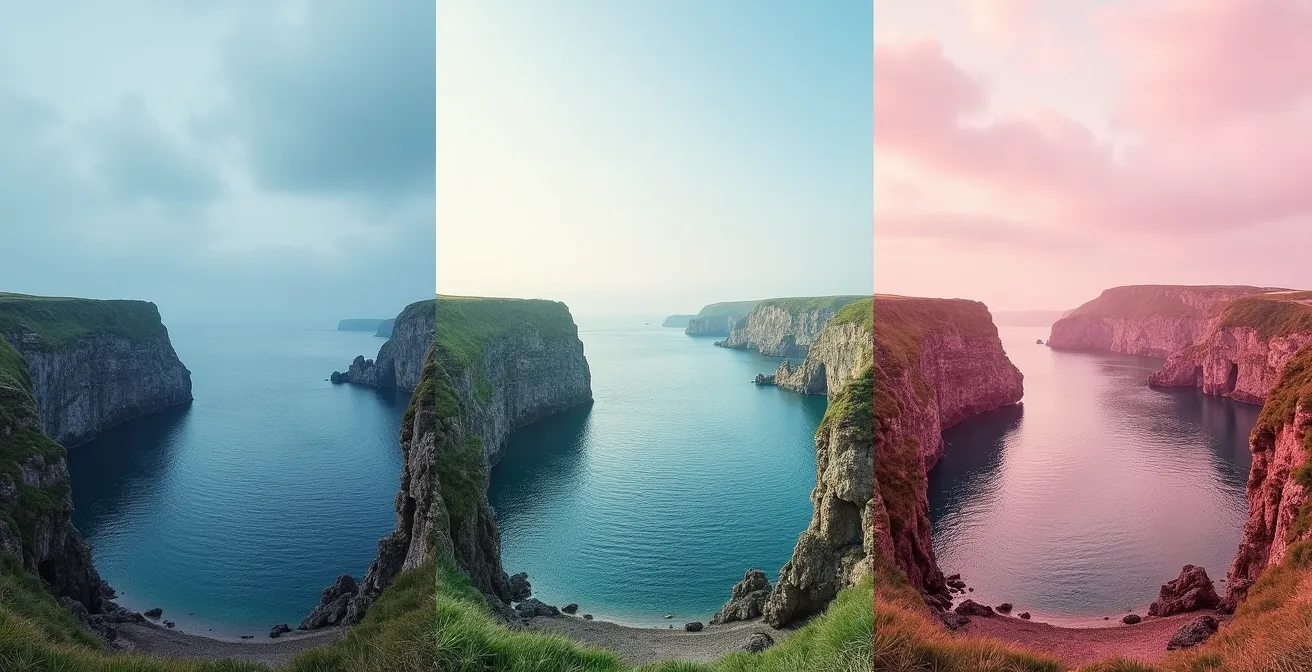 Montage photo montrant trois paysages emblématiques de Bretagne côte à côte : les falaises de Crozon, les îles du Morbihan et les rochers de la Côte de Granit Rose.