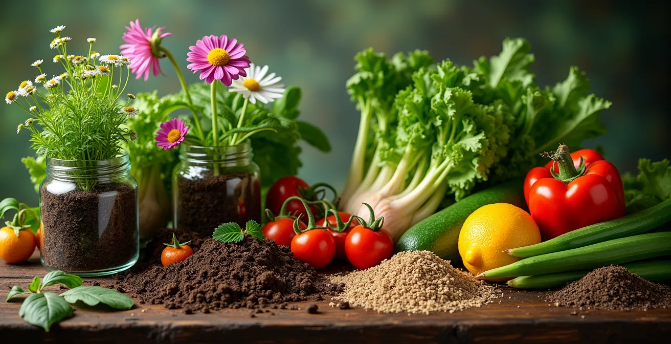 Composition symbolique montrant la diversité des approches agricoles avec des éléments naturels