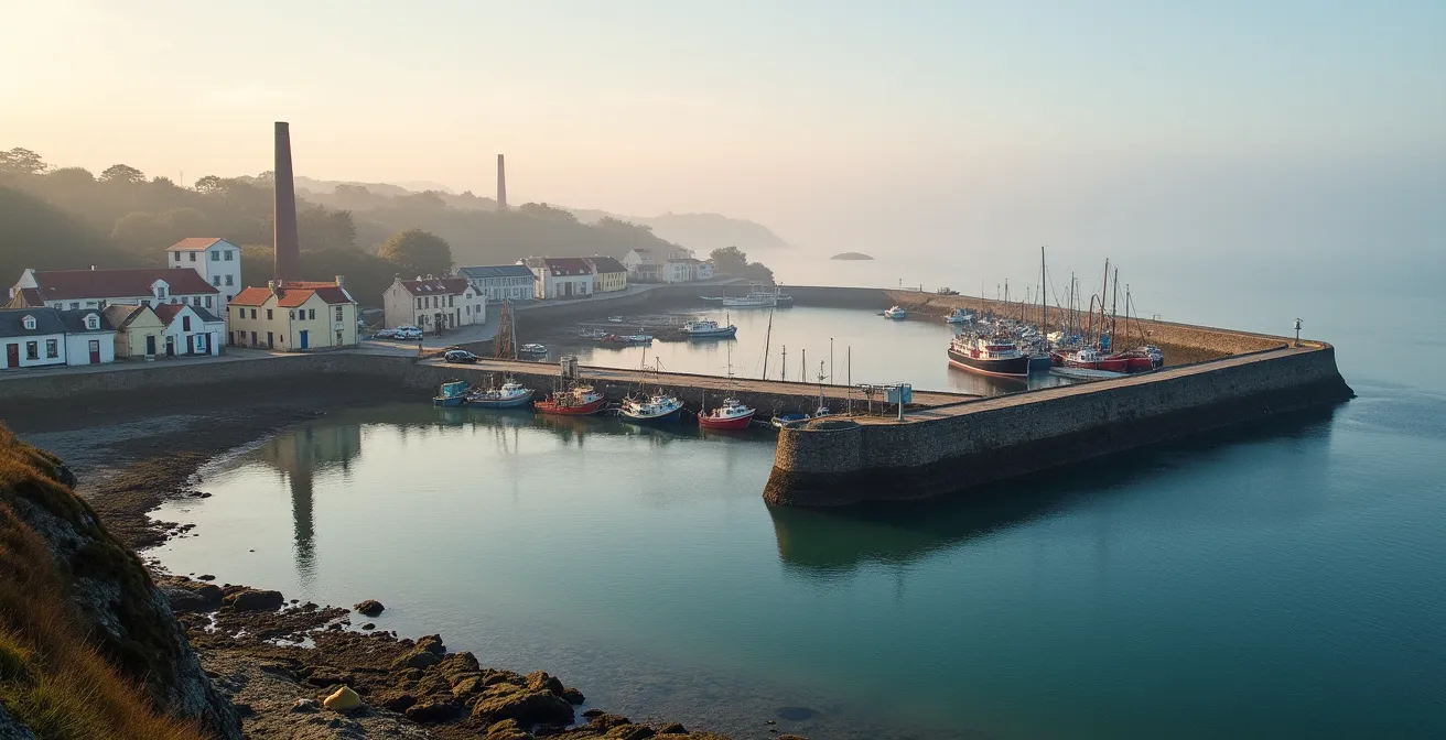 Vue aérienne historique du port de Douarnenez avec ses conserveries et chaloupes sardinières