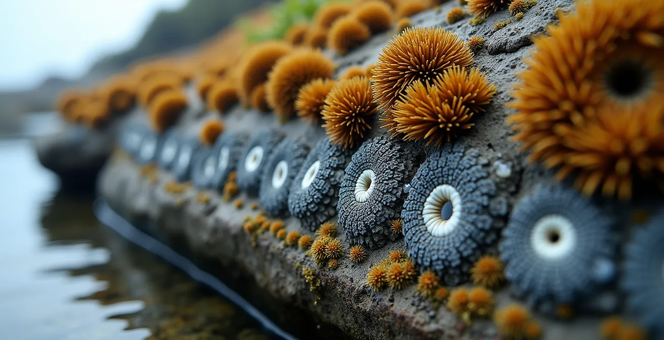 Vue en coupe de l'estran montrant l'étagement de la vie marine à marée basse
