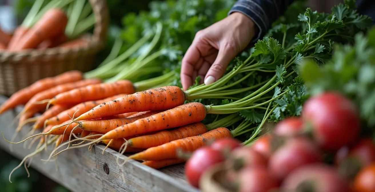 Gros plan sur un étal de légumes frais avec des mains de producteur arrangeant des produits locaux
