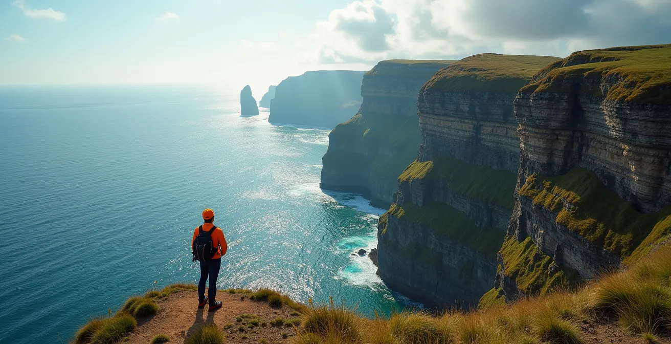 Vue vertigineuse des falaises de 80 mètres du Cap de la Chèvre montrant les dangers du hors-piste