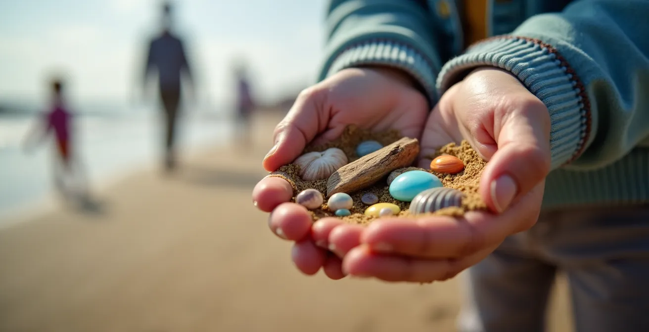 Famille explorant les rochers à marée basse sur une plage de Crozon avec enfants cherchant des coquillages